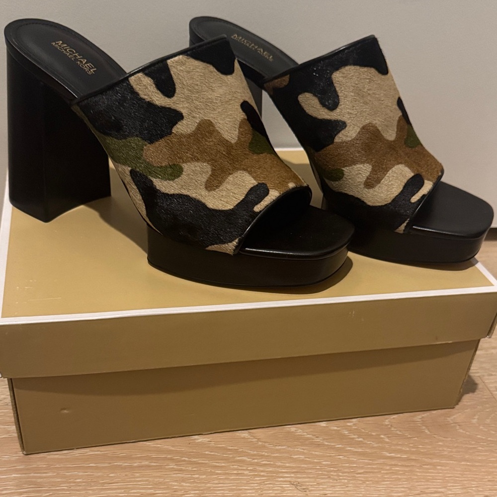 Michael Kors Camouflage Pattern Block Heel Mules